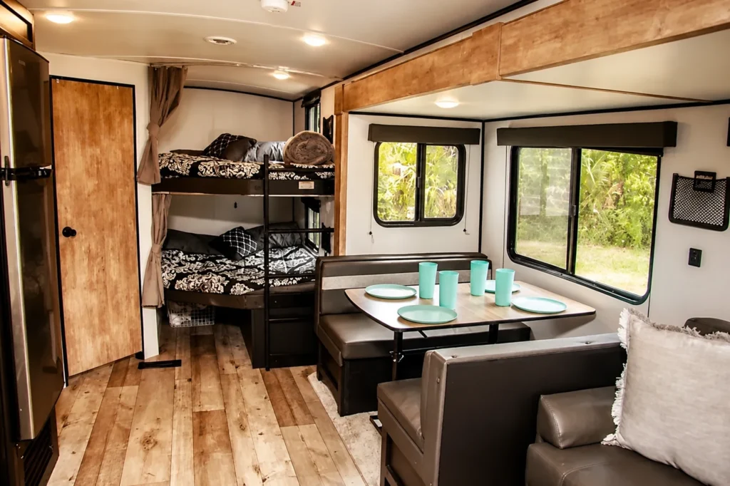 CPL 23 RV rental interior with bunk beds and dining booth