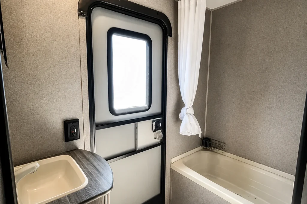 CPL 23 RV rental bathroom with shower tub and sink