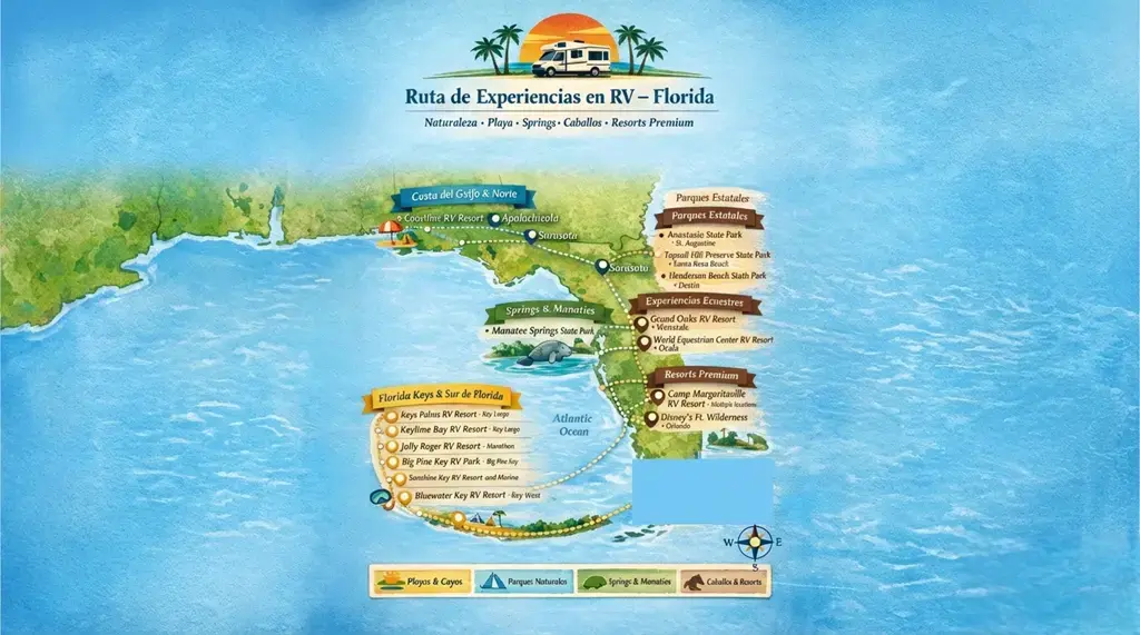 Florida RV experiences route map showing beaches, springs, state parks, and resorts—ideal when you Rent an RV in Orlando