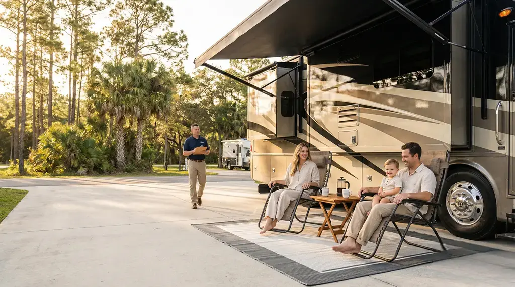 Turnkey RV delivery and check-in with a family relaxing outside a Class A motorhome in Central Florida, Rent an RV in Orlando