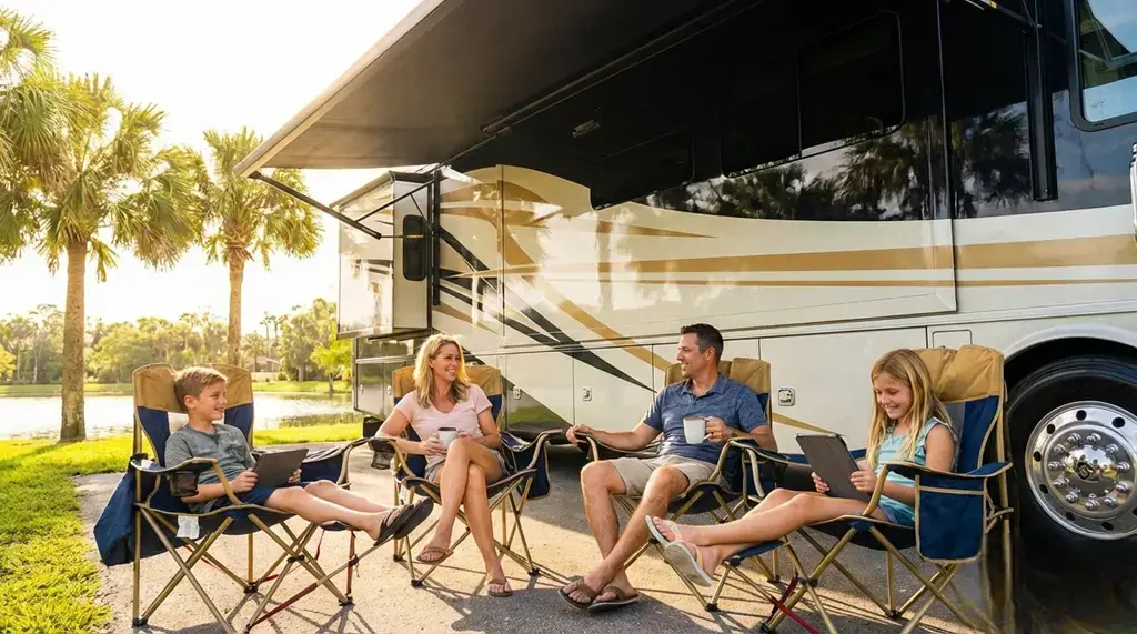 Family relaxing in camp chairs beside a luxury motorhome with the awning out—Rent an RV in Orlando for a weekend trip