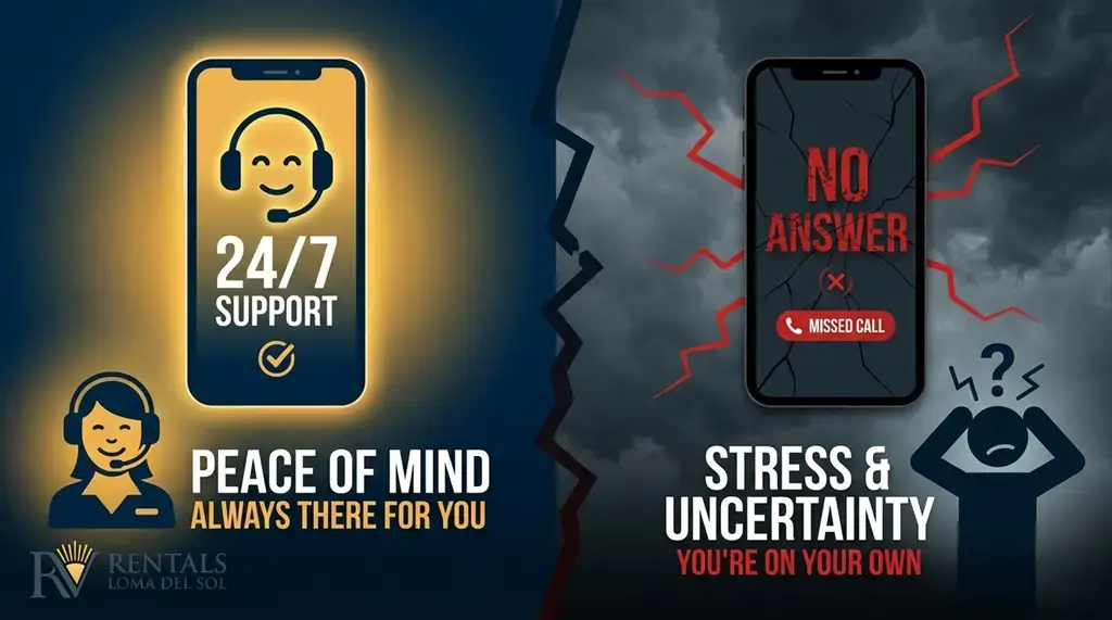 Comparison graphic showing 24/7 support vs no answer, highlighting peace of mind with RV rentals in Florida Orlando.