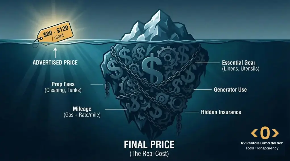 Iceberg infographic showing hidden costs and fees that affect the final price of RV rentals in Florida Orlando.