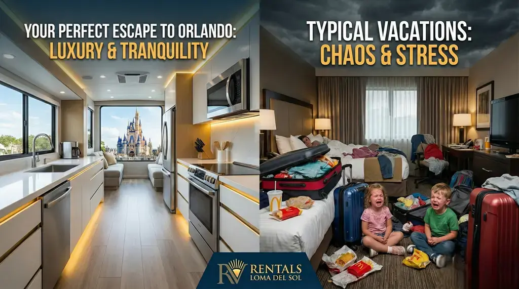 Side-by-side comparison of a luxury RV stay vs a chaotic hotel room, showing why RV rentals in Florida Orlando offer a calmer trip