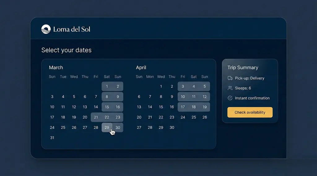 Booking calendar showing date selection and “Check availability” button for RV rentals in Orlando with instant confirmation.