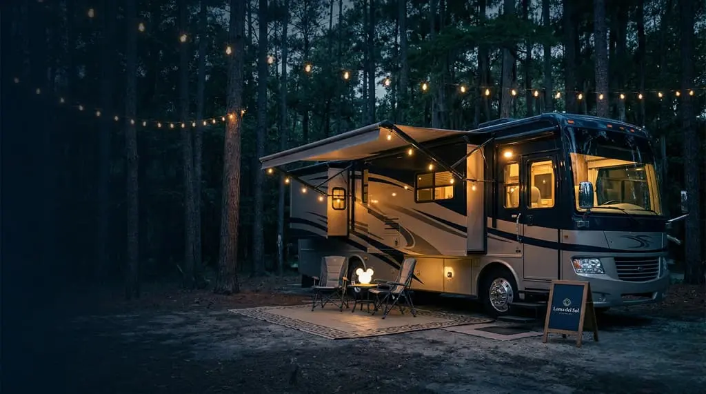 Luxury motorhome at a forest campsite at night with string lights and outdoor seating—RV rentals in Orlando