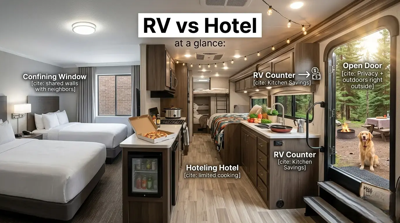 RV vs hotel comparison infographic showing privacy, kitchen savings, and outdoor access—RV rentals in Orlando