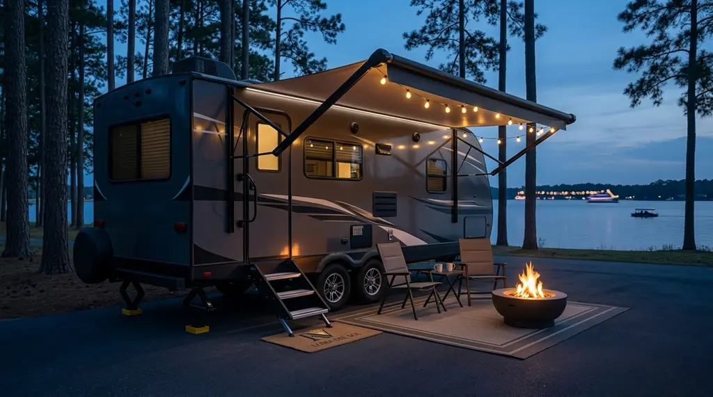 Lakeside travel trailer campsite at dusk with string lights and a fire pit—Renting an RV for a turnkey Fort Wilderness stay near Orlando