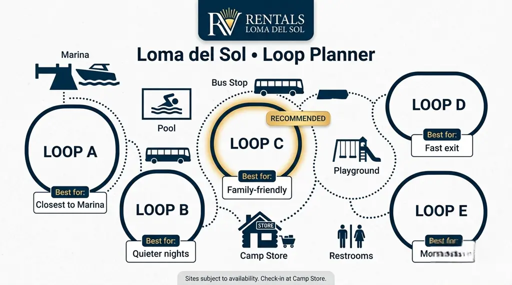 Loop planner map for Fort Wilderness showing the best campsite loop options (Loop C recommended, marina, pool, bus stops)—Renting an RV