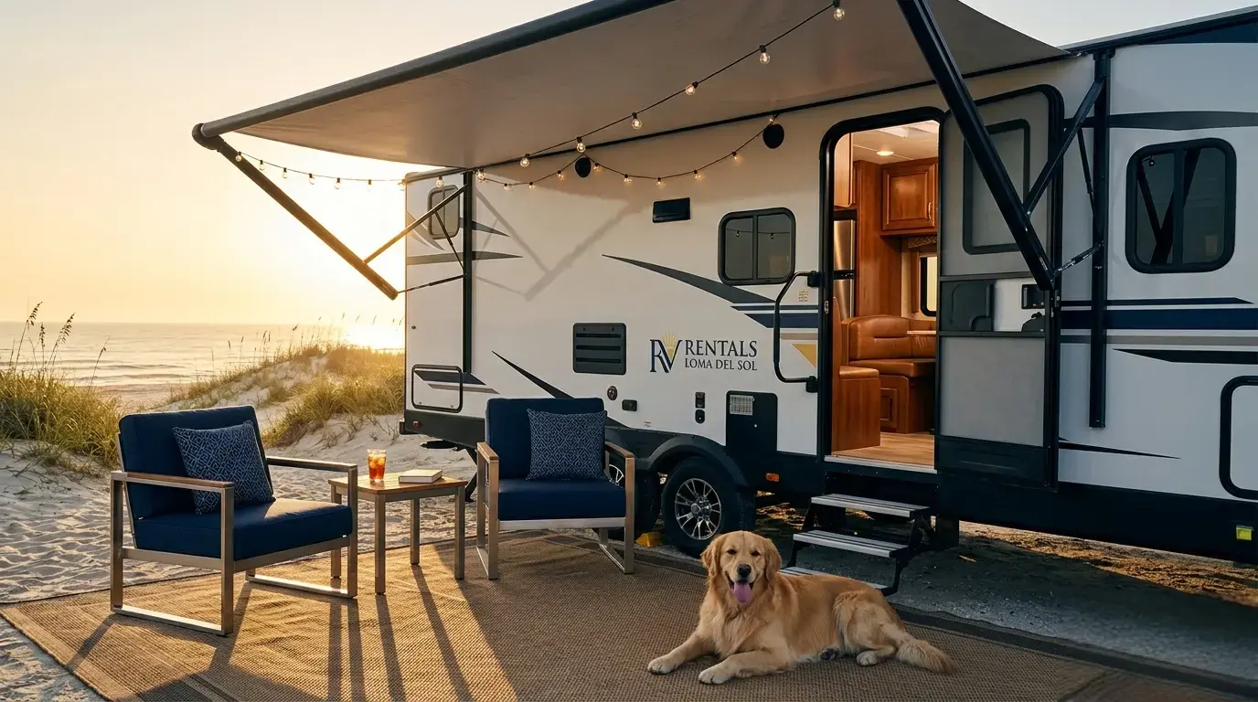 Pet-friendly RV setup on the beach at sunset with awning lights and a dog relaxing outside—rv rental daytona florida.
