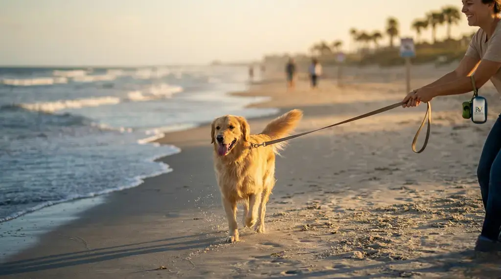 Dog on a leash walking along Daytona Beach at sunset—pet-friendly rv rental daytona florida.
