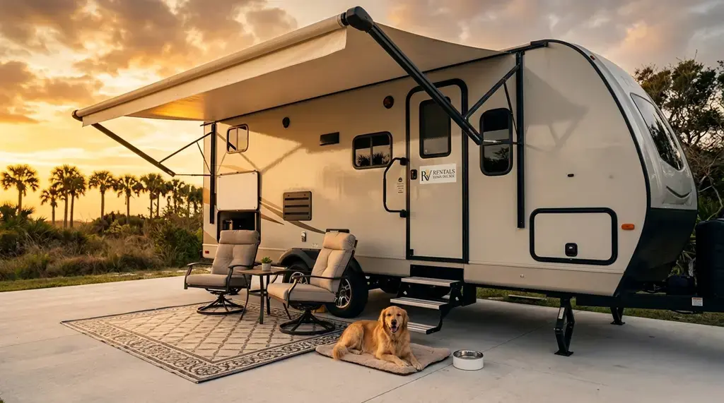 Pet-friendly travel trailer at sunset with awning, outdoor seating, and a dog relaxing outside—rv rental daytona florida.