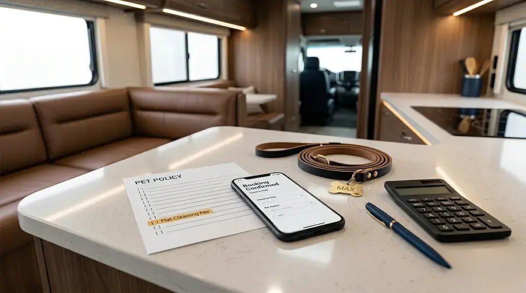 RV interior countertop with pet policy sheet, booking confirmation on phone, and calculator—rv rental daytona florida with transparent fees