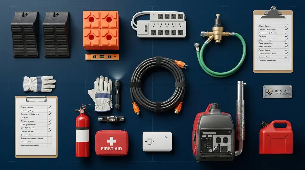 Flat lay of RV setup and safety gear—hoses, power adapters, leveling blocks, first aid kit, and generator—for RV Rental Daytona Florida.