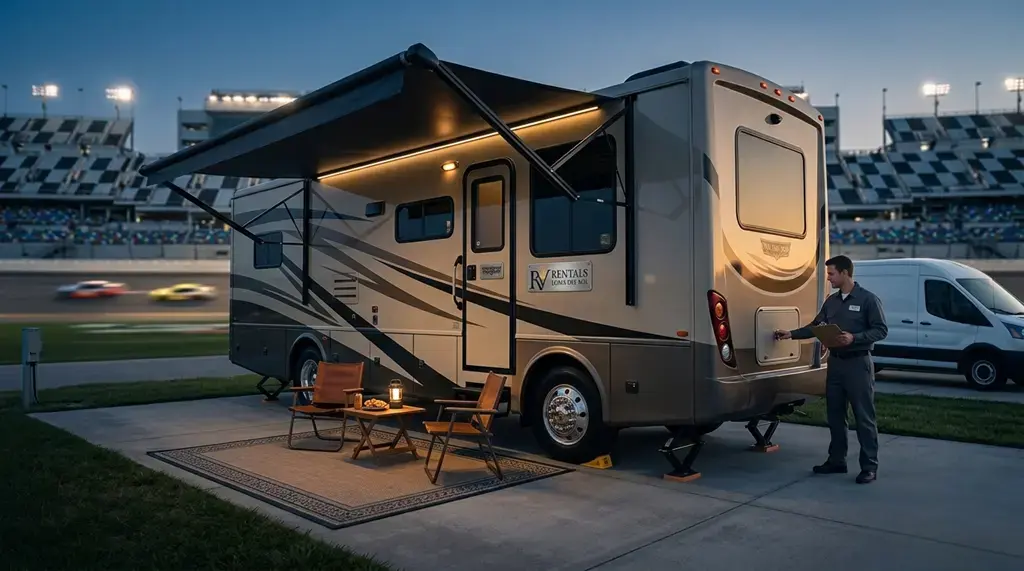 Motorhome delivered and set up near Daytona International Speedway at dusk—RV Rental Daytona Florida