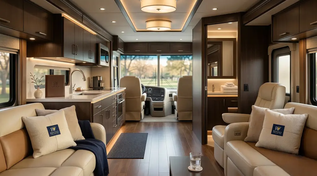 Luxury Class A motorhome interior with full kitchen and lounge seating for equestrian stays—rv rental ocala near WEC.