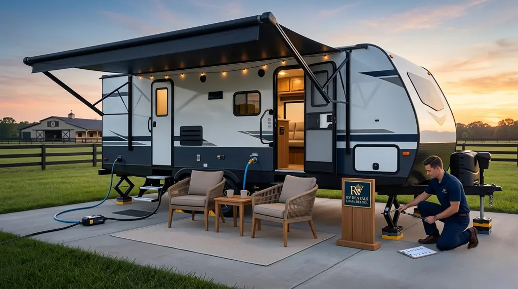 Turnkey travel trailer being leveled and set up on an Ocala equestrian property near WEC—rv rental ocala.