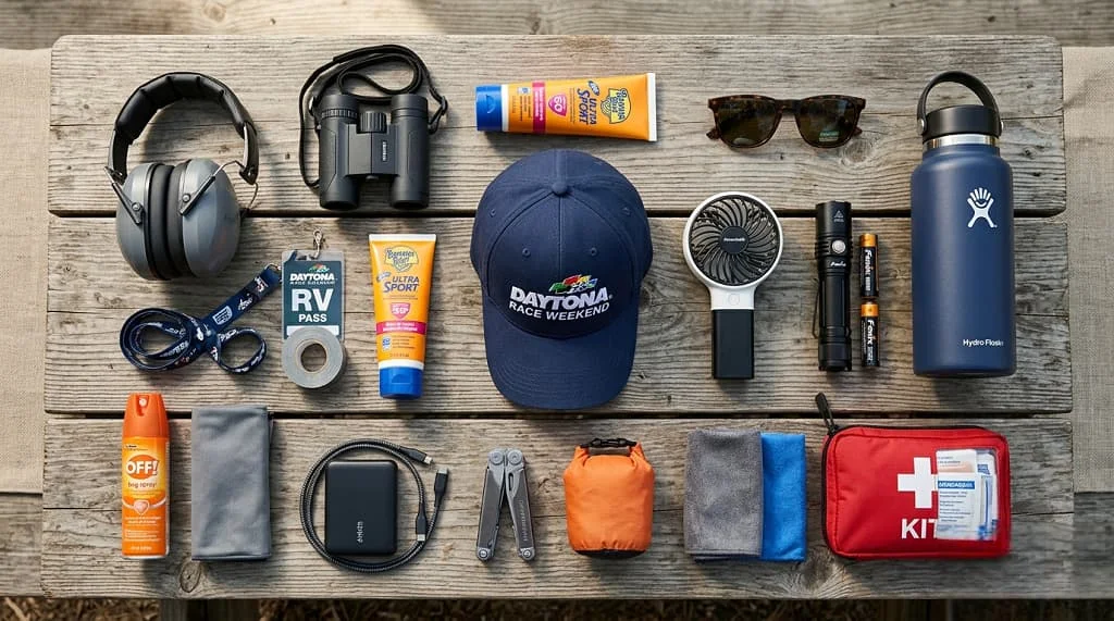 Daytona 500 RV rental packing checklist with race weekend essentials on a wooden table