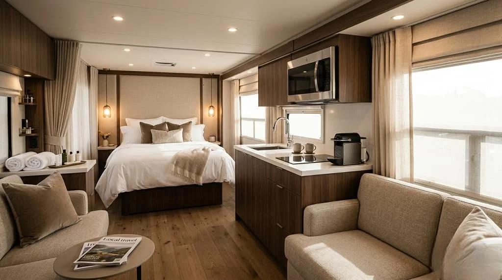 Comfortable RV interior with bedroom, kitchenette, sofa, and soft lighting for Daytona race weekend