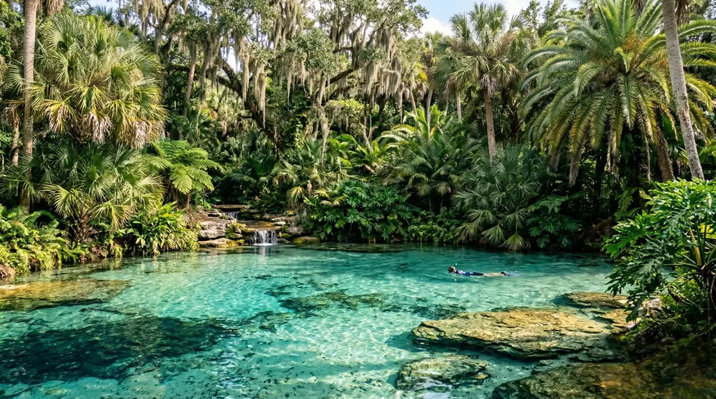 Crystal-clear Florida spring surrounded by lush palms and greenery—perfect day trip with rv rental florida