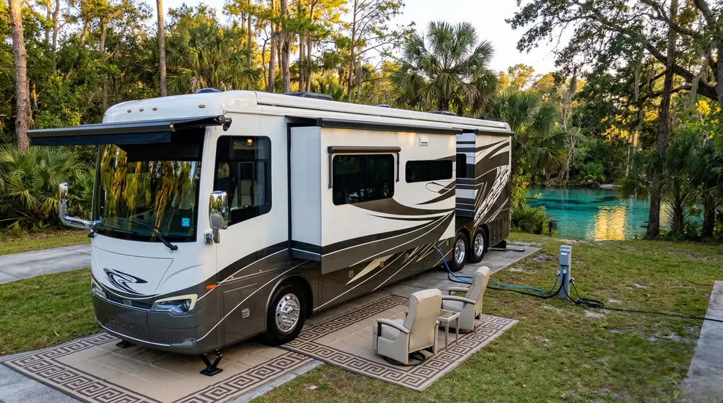 Luxury Class A motorhome set up at a Florida springs campsite with outdoor seating—rv rental florida