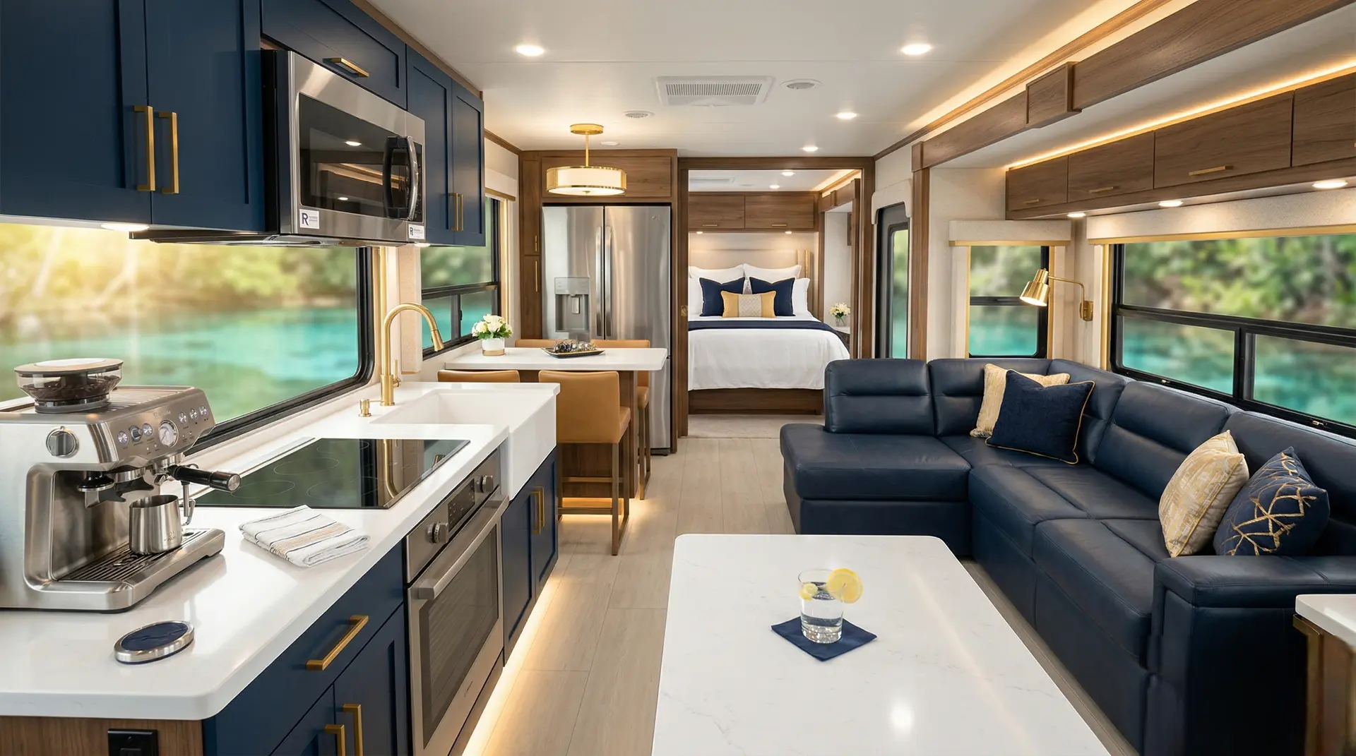Luxury RV interior with blue kitchen cabinets, large sectional sofa, and rear bedroom—rv rental florida.
