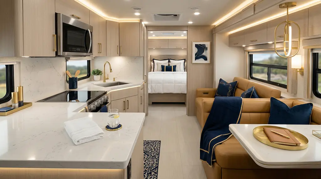Luxury RV interior with modern kitchen, lounge seating, and bedroom—rv rental florida with a hotel-on-wheels feel