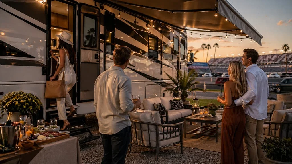 Luxury RV campsite setup for Daytona 500 weekend with outdoor seating and delivered RV