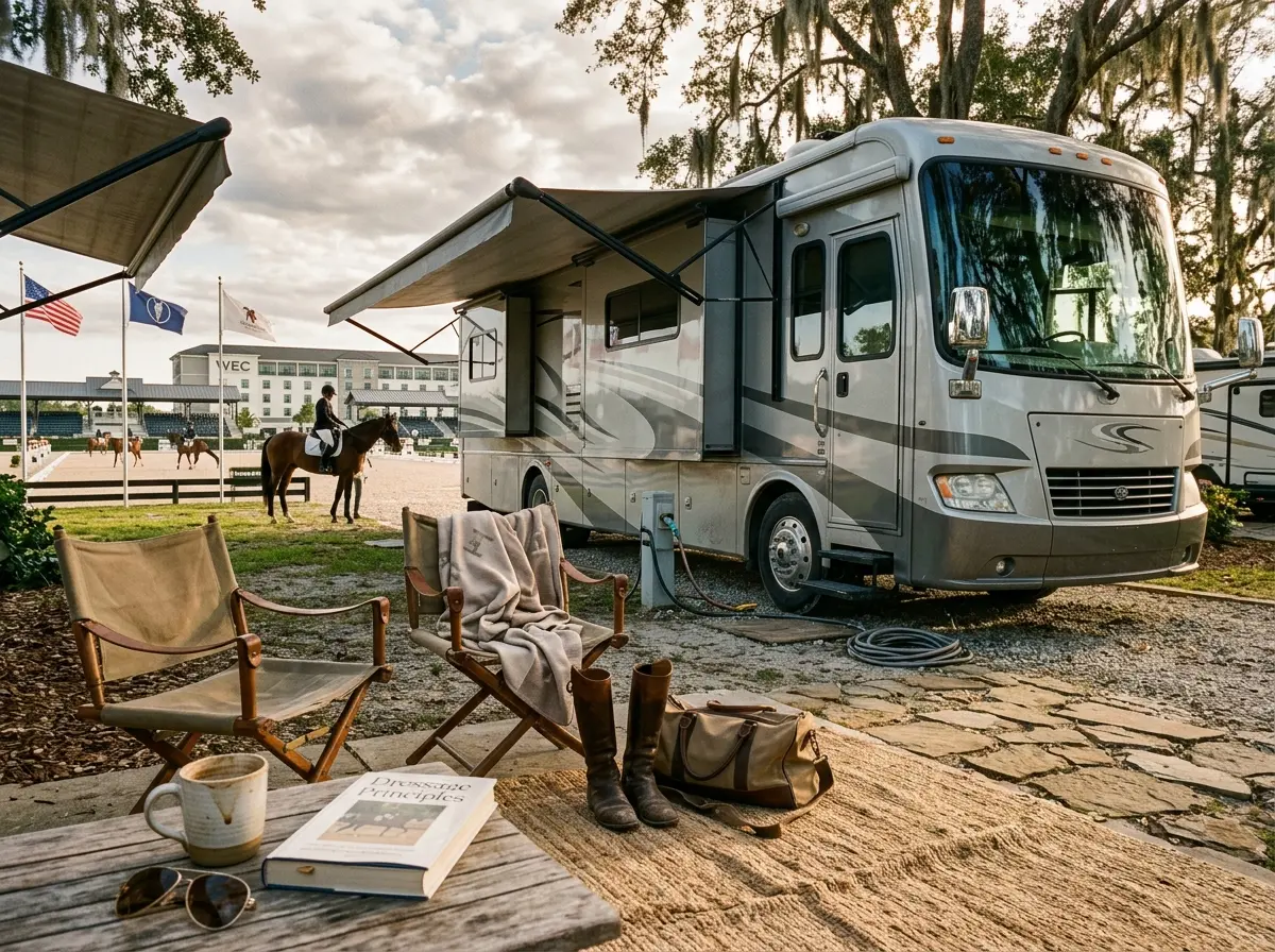 Luxury Class A RV parked at the World Equestrian Center Ocala dressage showgrounds during the August tournament.