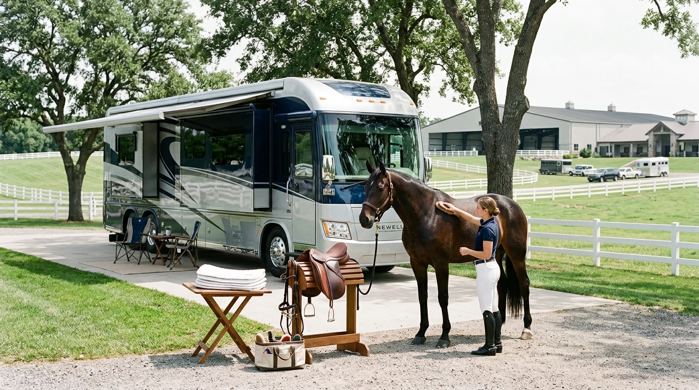 Luxury Class A RV rental parked at an equestrian showground with a dressage horse during a competition weekend at WEC Ocala.