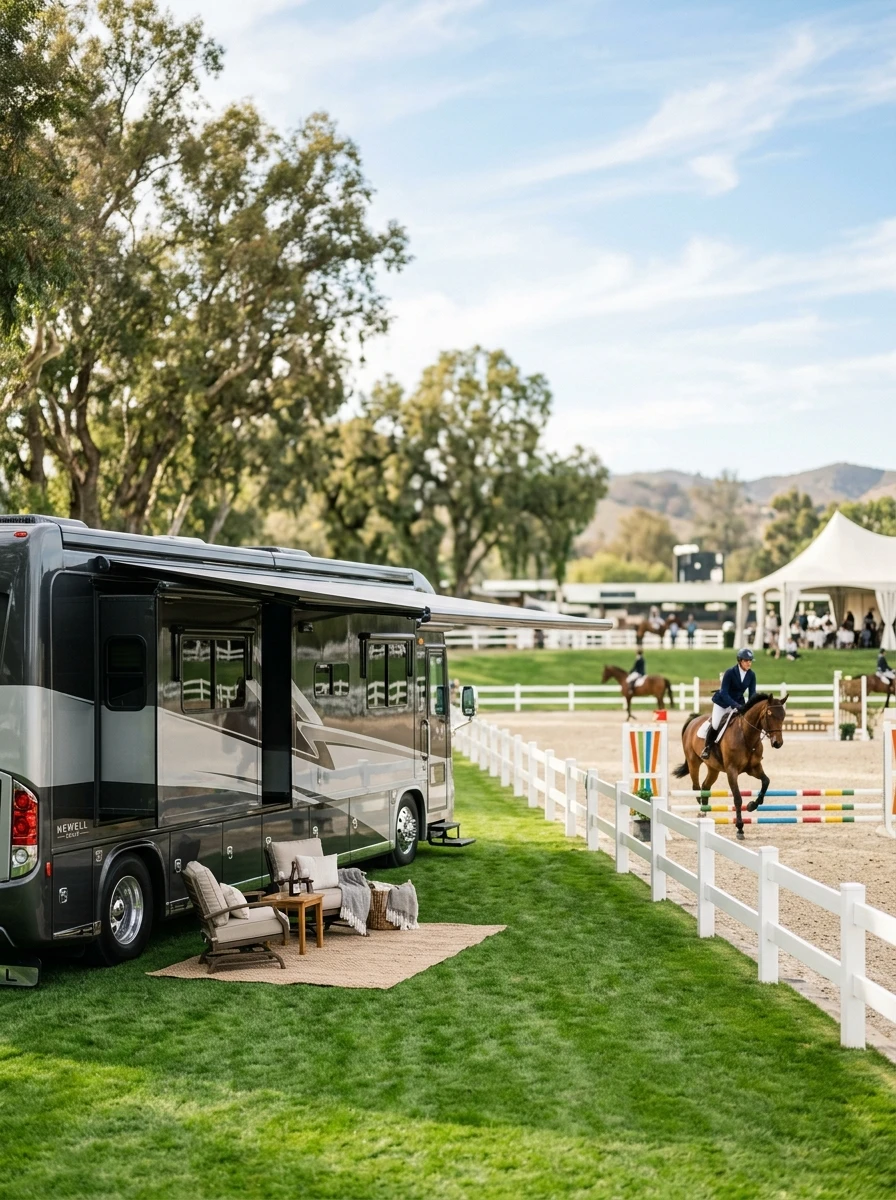 Luxury WEC Ocala RV rental unit parked near the equestrian center arenas