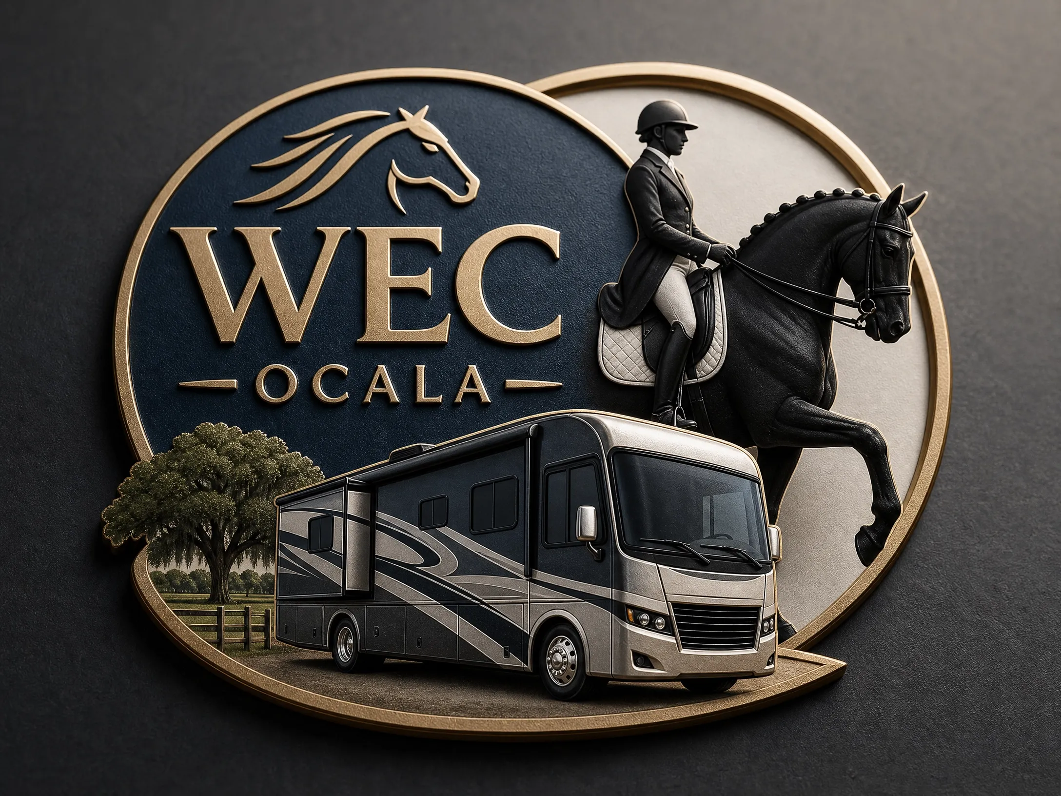 WEC Ocala logo with dressage horse and RV, book RV rental now