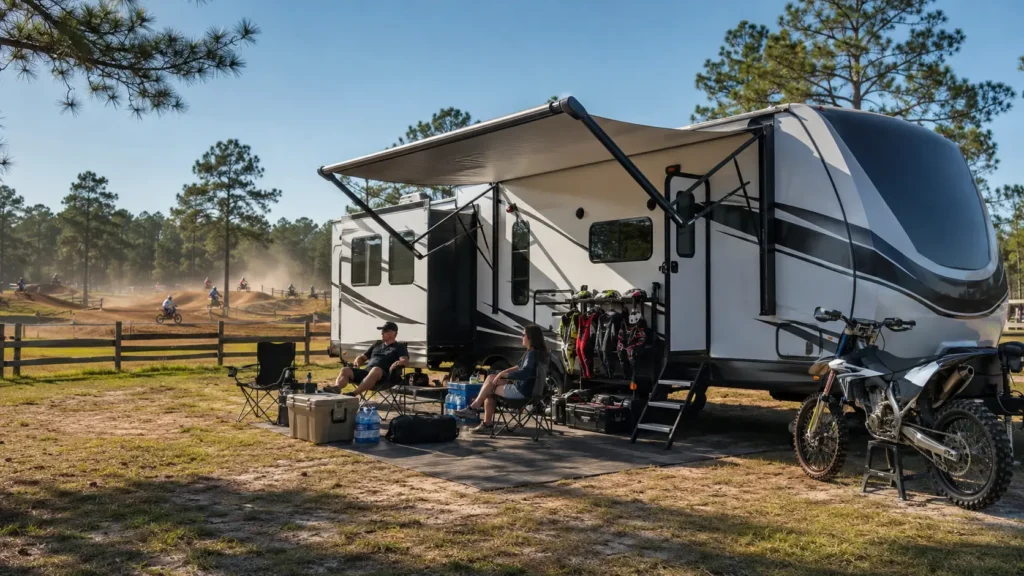 Motocross RV rental delivered near a North-Central Florida track with riders, dirt bike, shaded seating and organized race gear