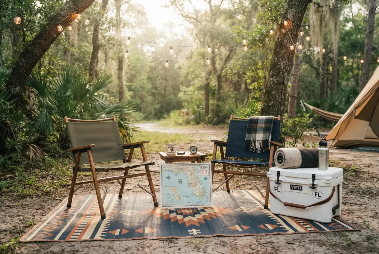 Premium outdoor RV camping setup with chairs and cooler at Daytona Speedway