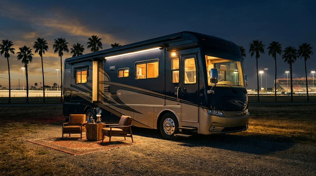 RV setup near a Daytona race venue at dusk