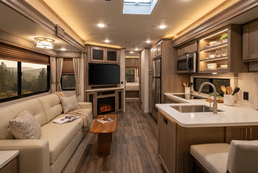 Luxury RV interior prepared for an event stay