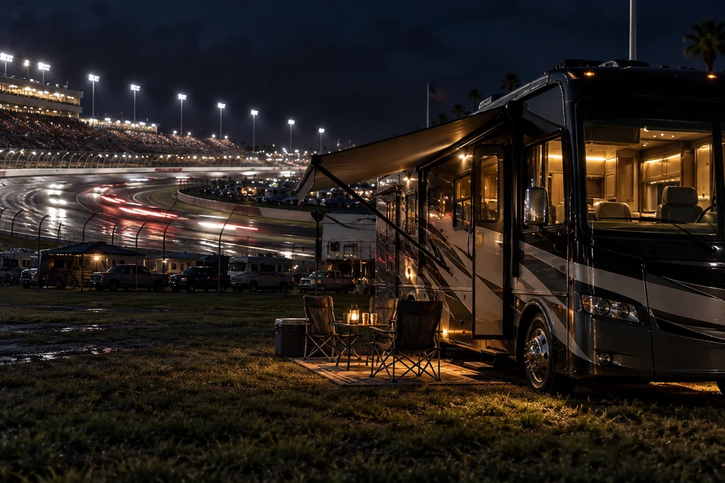 RV basecamp beside a lit oval race track during a night race
