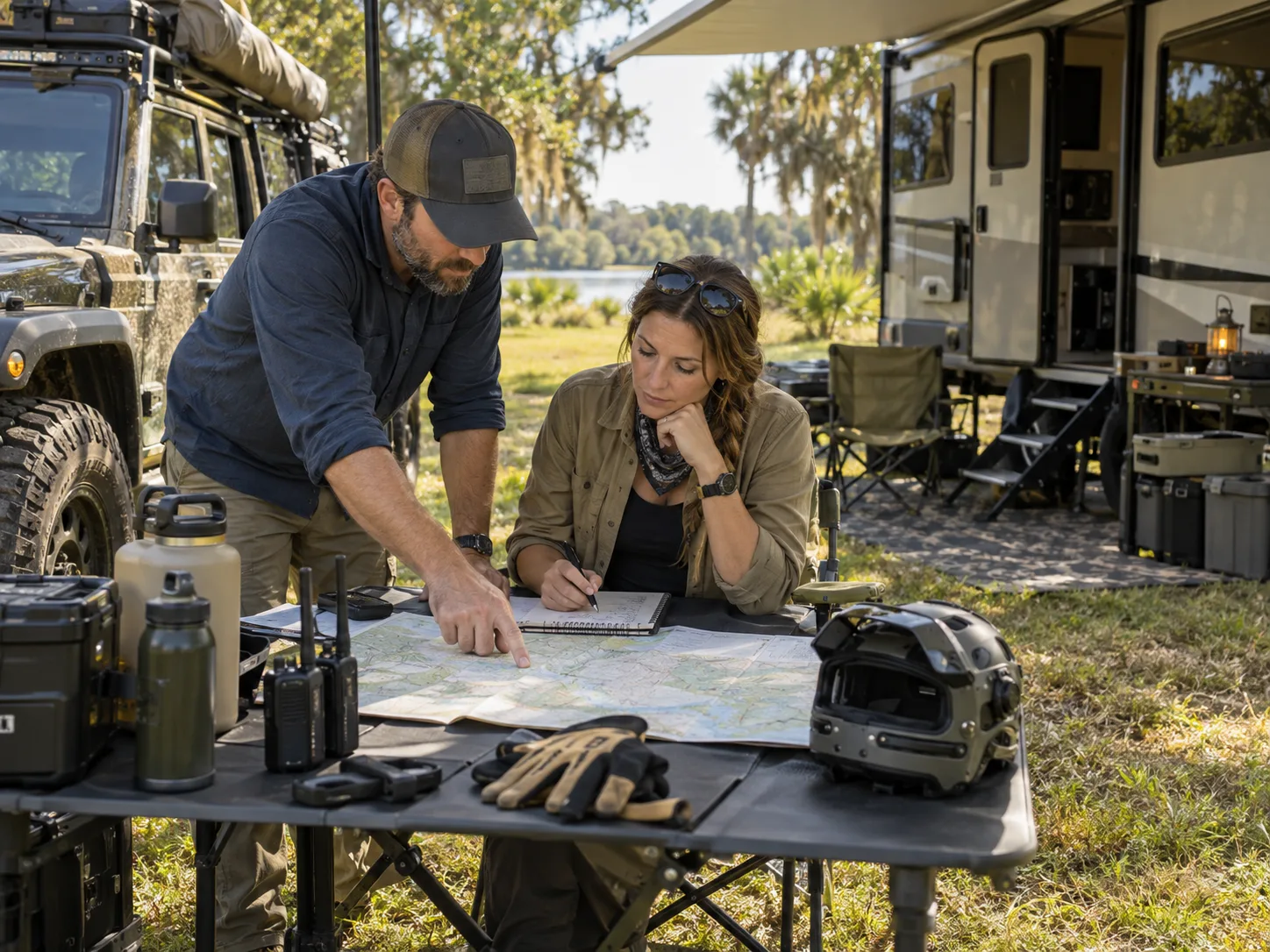 Two overland participants reviewing a map and event checklist at a table beside their RV.