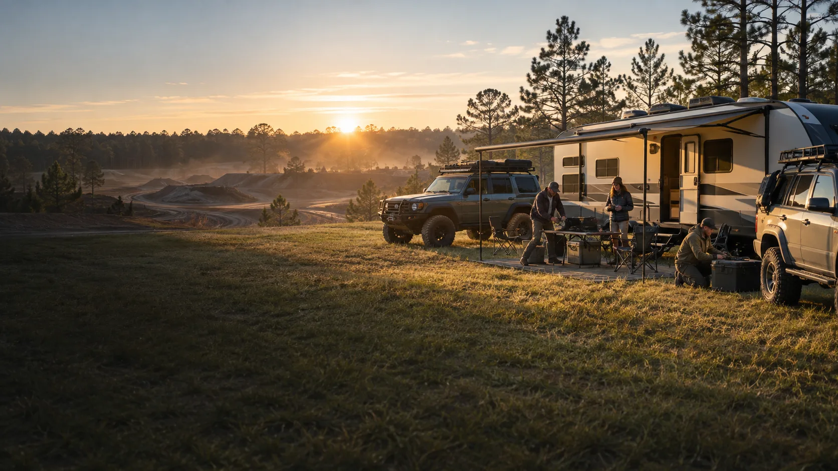 An RV, off-road vehicles and participants preparing equipment at an outdoor basecamp at sunset.