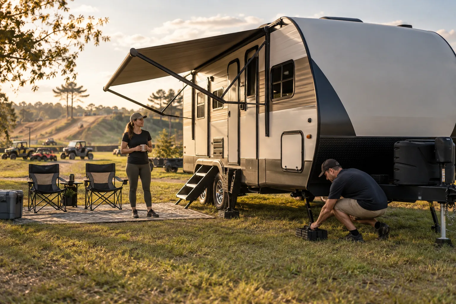 An RV being leveled with blocks at an outdoor campsite, with overland vehicles in the background.